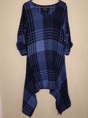 Cotton Gauze Blue Plaid Tunic Top